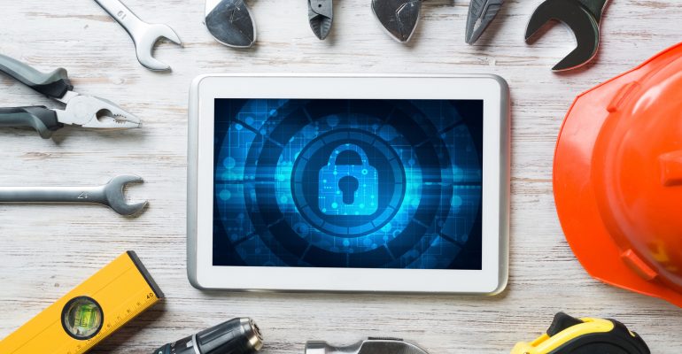 Web security and technology concept with tablet pc on wooden table