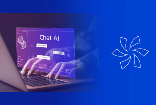 Person typing on a laptop with a Chat AI interface overlay showing message bubbles, next to the Lucidica pinwheel logo on a blue background.