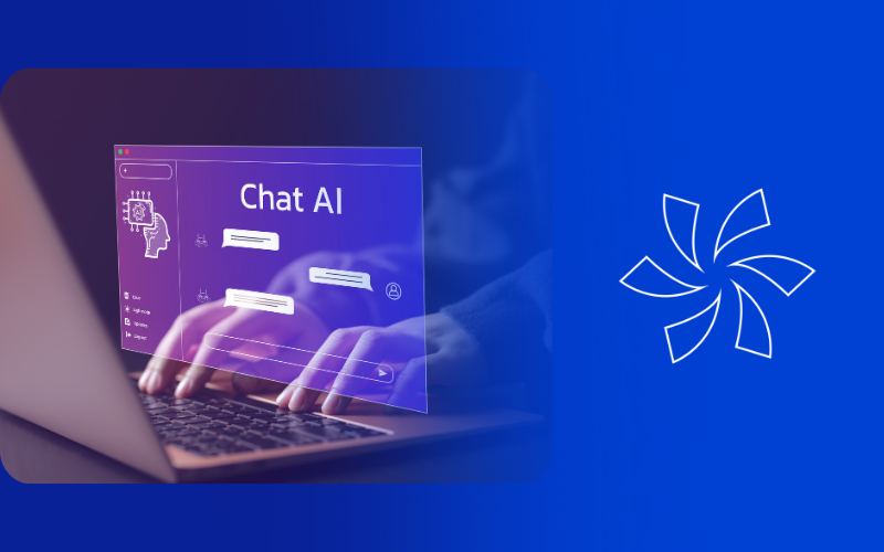 Person typing on a laptop with a Chat AI interface overlay showing message bubbles, next to the Lucidica pinwheel logo on a blue background.