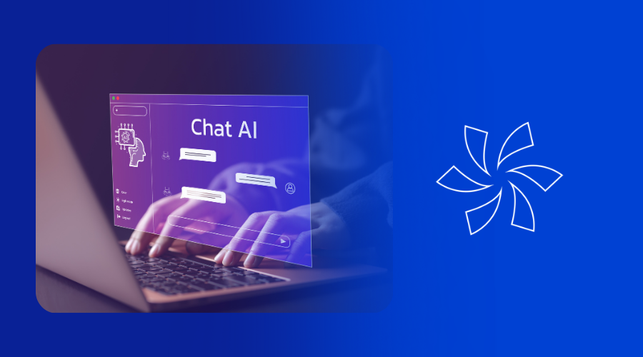 Person typing on a laptop with a Chat AI interface overlay showing message bubbles, next to the Lucidica pinwheel logo on a blue background.
